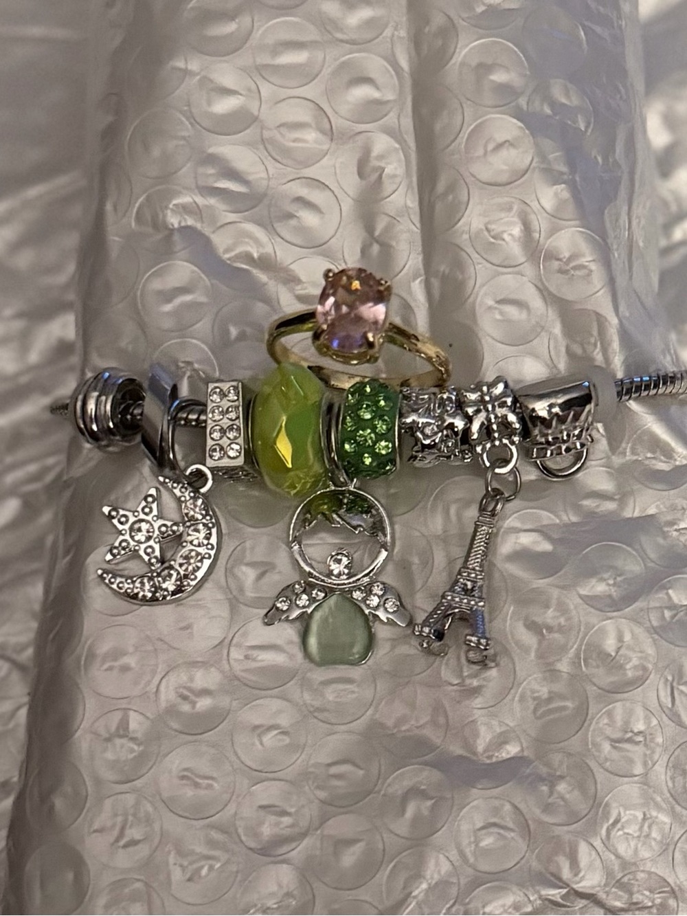 Silver Charm Bracelet with Green Beads and size 8 Pink Ring